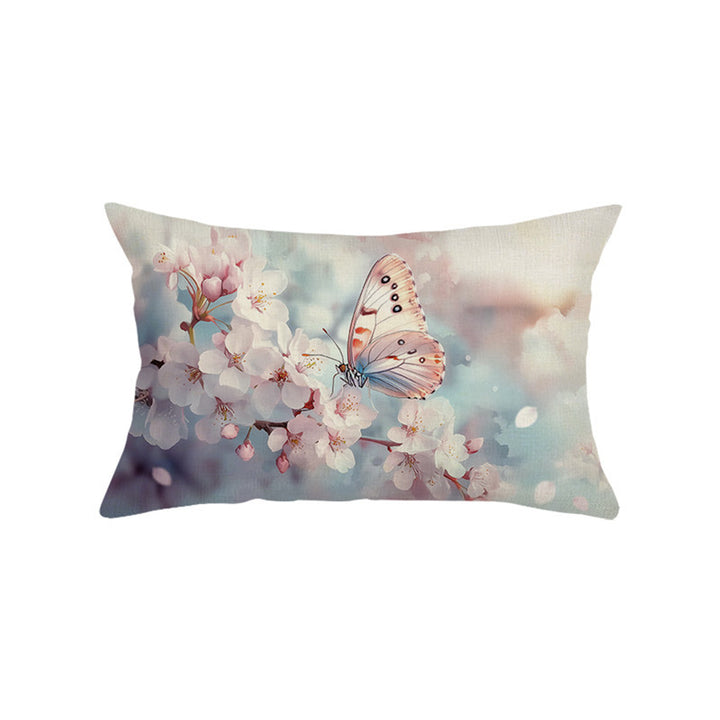 Decorative Rectangular Cotton-Linen Pillow Cover with Kitten Garden Illustration