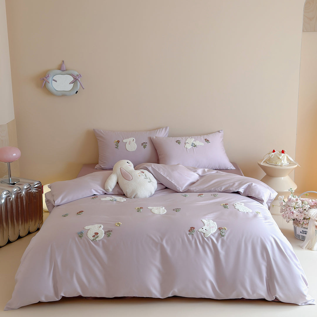 Luxe Embroidered Bunny Cotton Bedding Set with Duvet Cover and Pillowcases