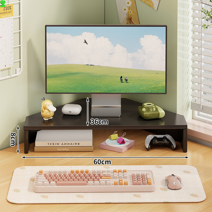 Corner Wooden Monitor Riser with Dual-Tier Storage Shelf