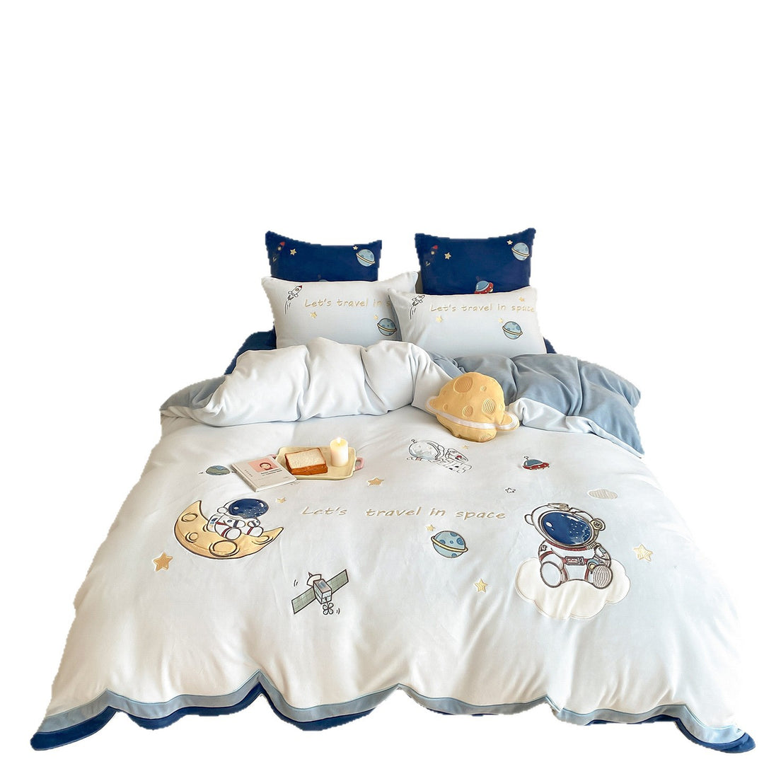Children's Astronaut Embroidered Cotton Duvet Cover Set with Scalloped Velvet-Trim Pillow Shams