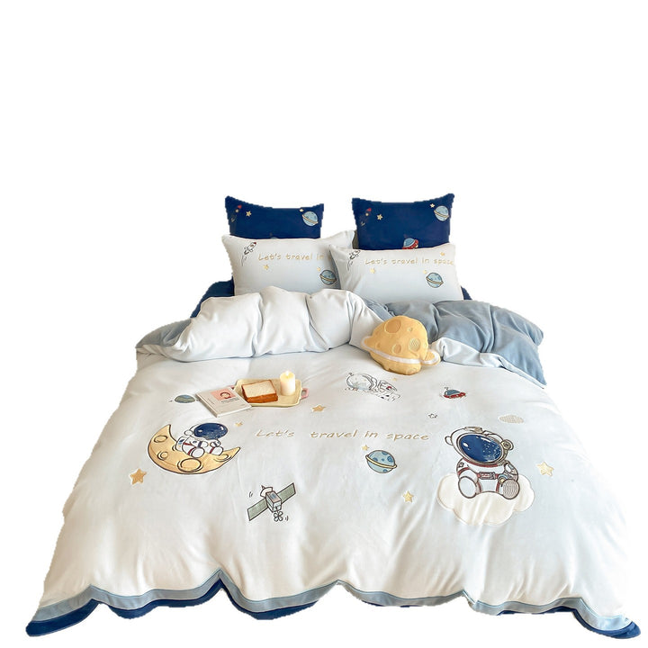 Children's Astronaut Embroidered Cotton Duvet Cover Set with Scalloped Velvet-Trim Pillow Shams