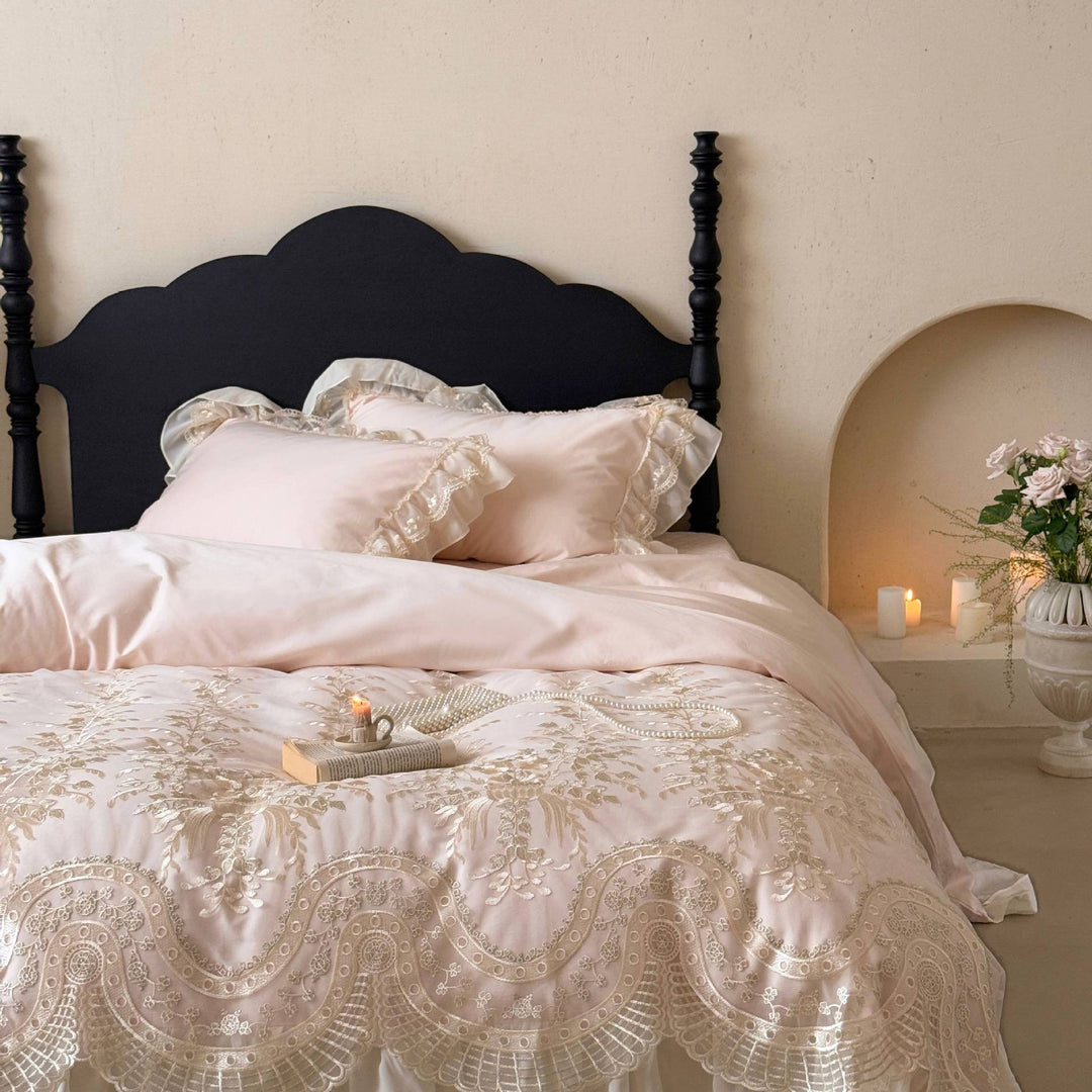 Romantic satin bedding set with lace frill & finely embroidered coverlet