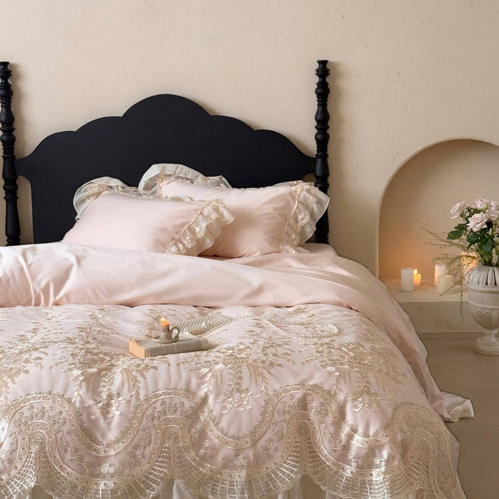 Romantic satin bedding set with lace frill & finely embroidered coverlet