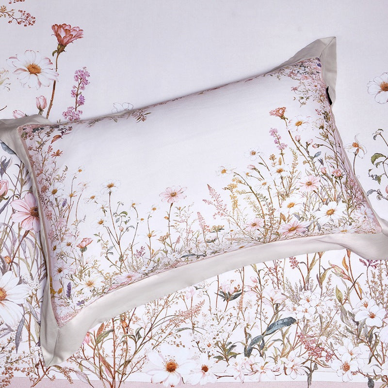 Luxe Satin-Feel Floral Center-Panel Duvet Cover Set with Rolled Bolster & Euro Shams