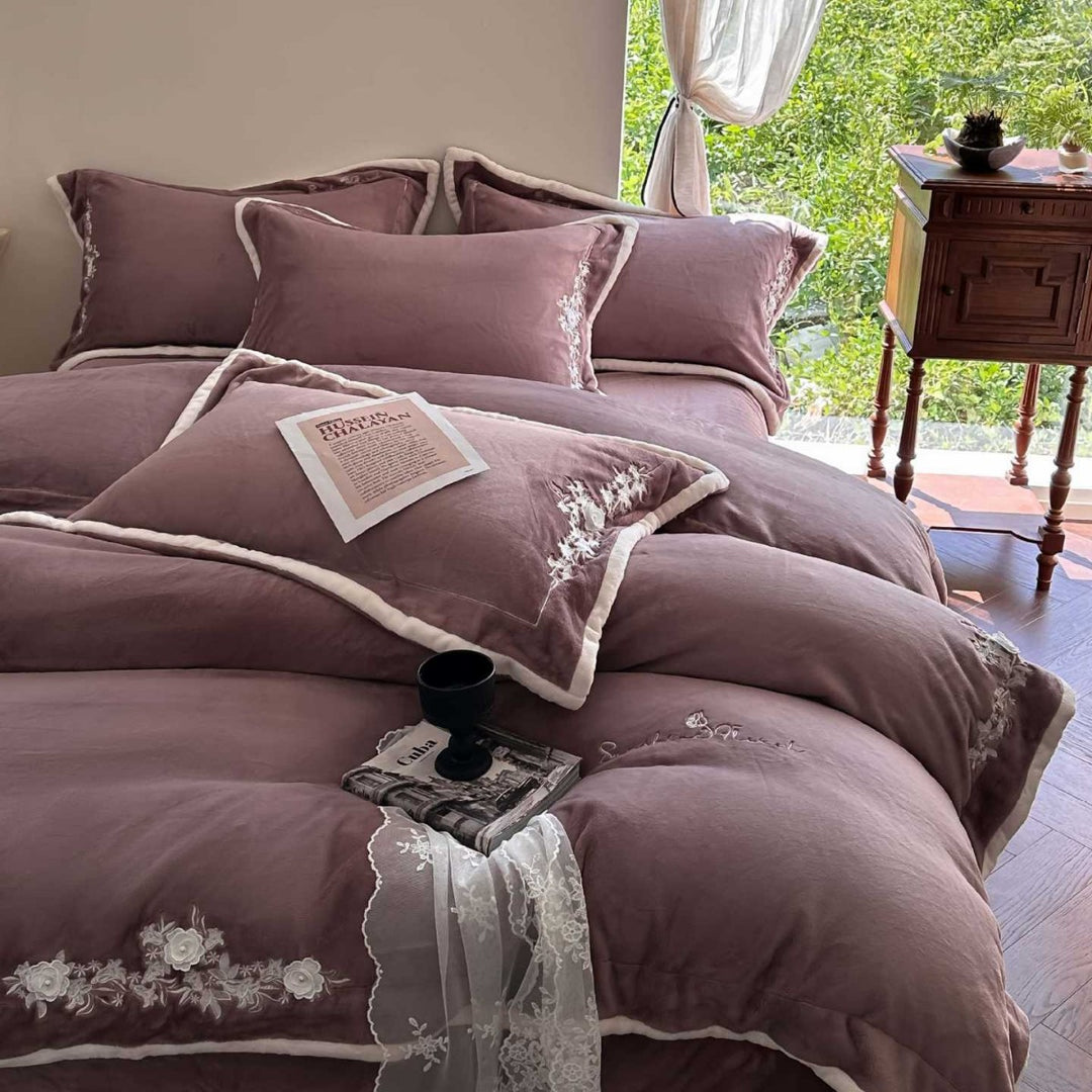 Luxury Embroidered Velvet Duvet Cover Set with Ruffle Skirt and Pillow Shams