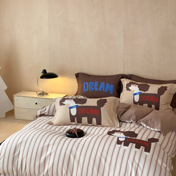 Cotton Duvet Cover and Pillowcase Set with Cartoon Puppy Print