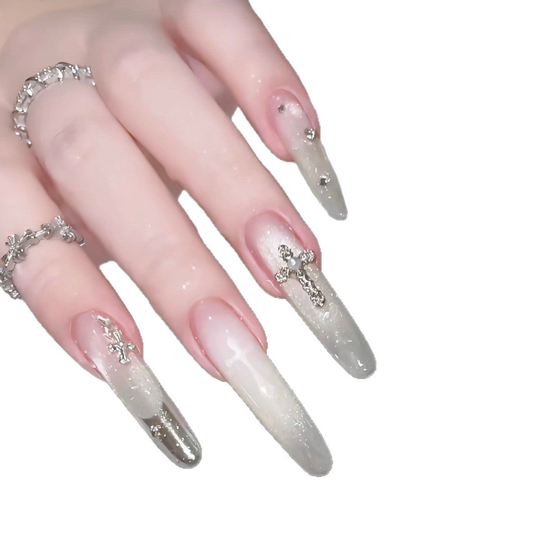Elegant Decorative Press-On Nail Set with Rhinestone Cross Accents Stornfield