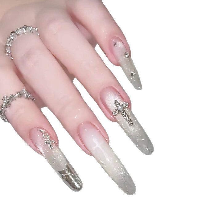 Elegant Decorative Press-On Nail Set with Rhinestone Cross Accents Stornfield