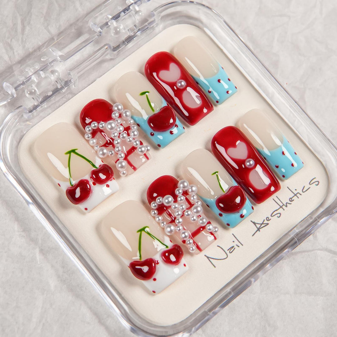 Artistic Press-On Nail Set with Cherry Design