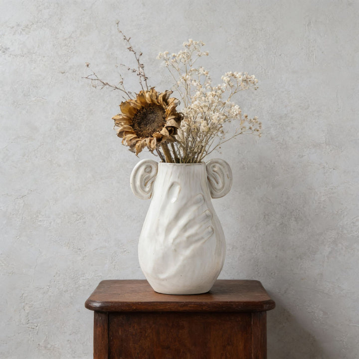 Handmade Ceramic Embrace Vase with Sculpted Hand Relief & Ear Loop Handles