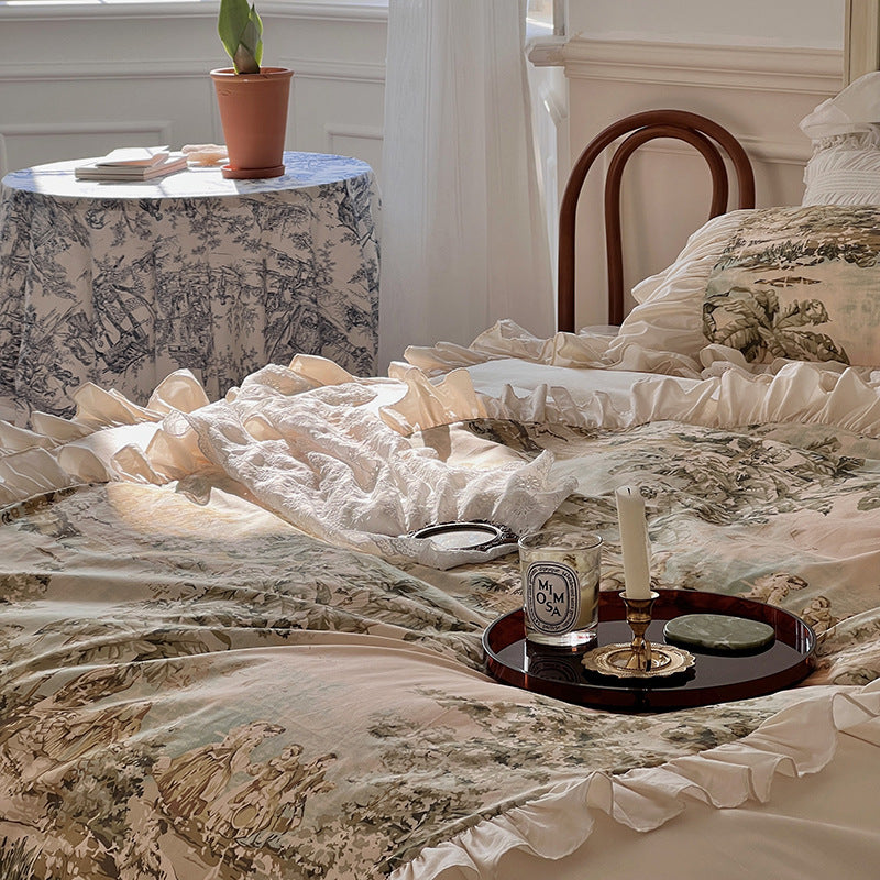 Romantic bedding set with ruffles and vintage toile print