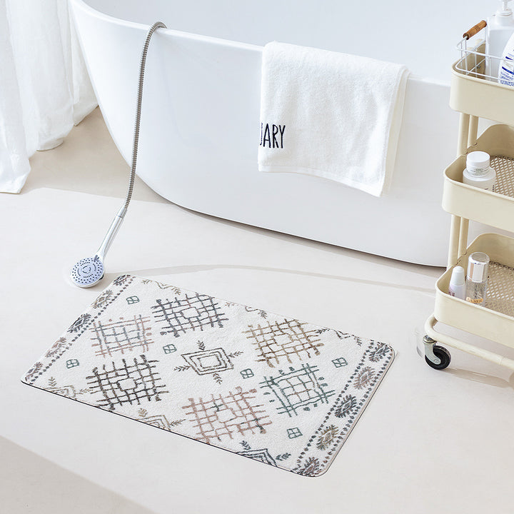 Soft cotton bathroom runner with fringes and geometric check design
