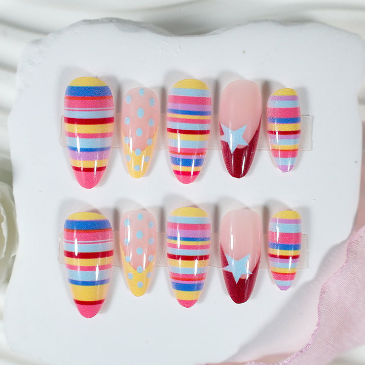 Artificial nail set with colorful stripes and creative designs Stornfield
