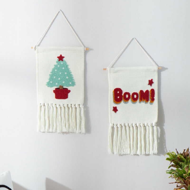 Tufted wall hanging with cactus motif, cotton fringes and wooden stick