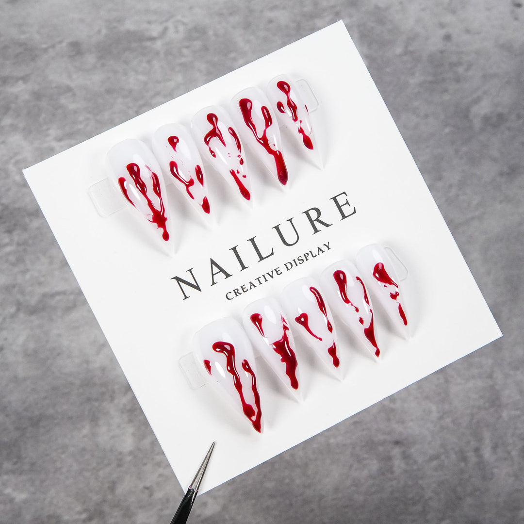 Artistic Press-On Nail Art Set with Dripped Red Design