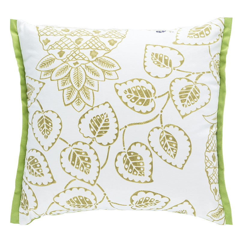 Square decorative cushion cover with botanical leaf print, cotton-linen mix and contrasting piped edge