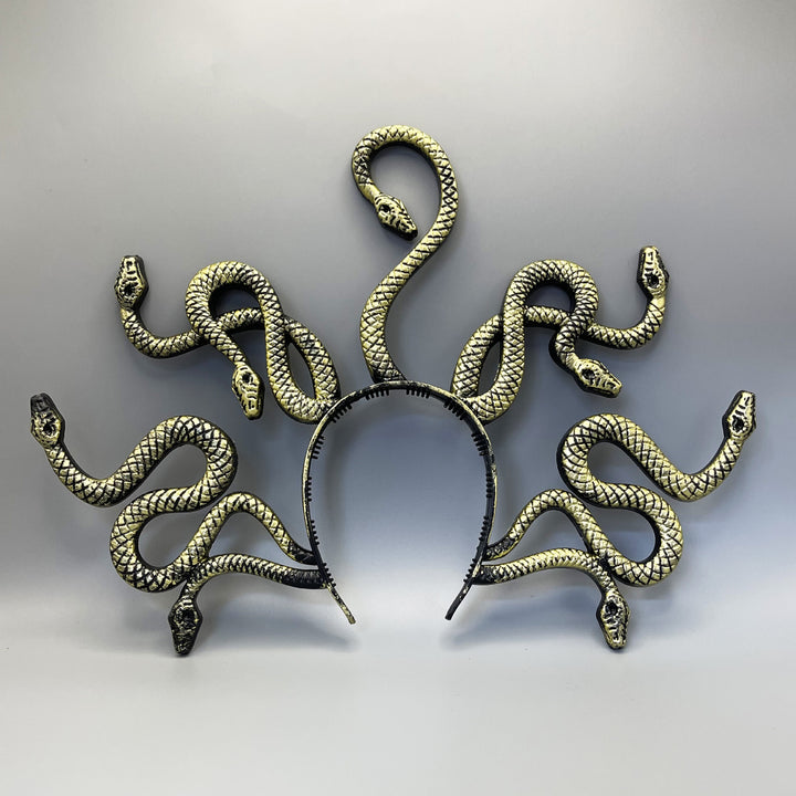 Medusa-inspired headband with 3D snake applications