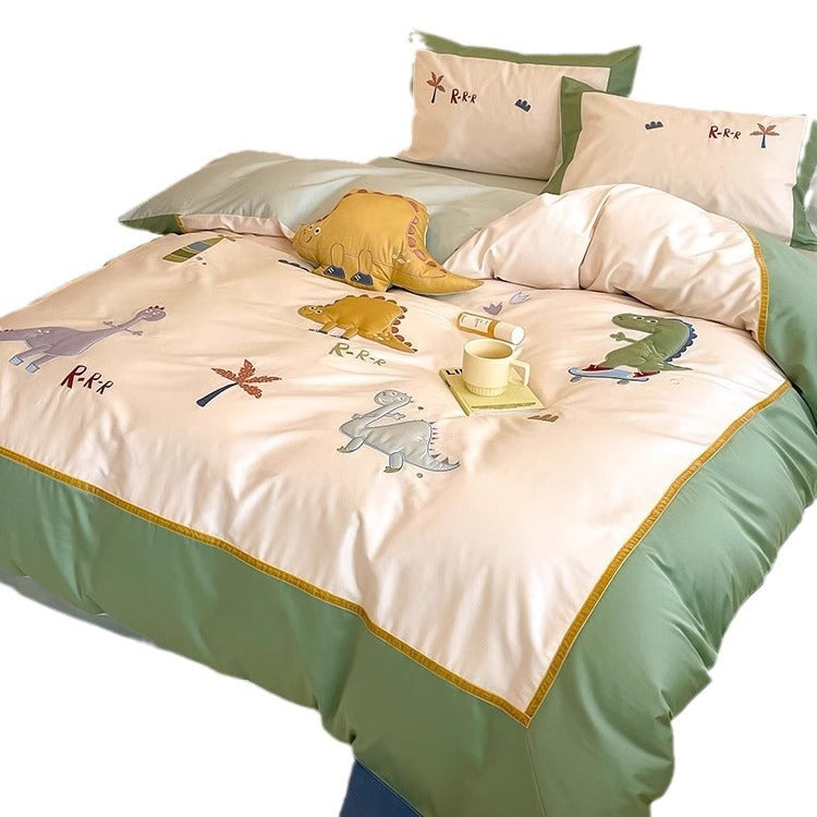 Embroidered Cartoon Rabbit Cotton Sateen Duvet Cover Set with Plush Accent Pillow