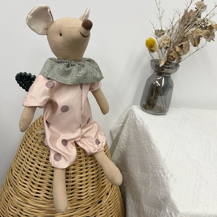 Handcrafted Linen-Blend Mouse Plush Doll with Checkered Overalls