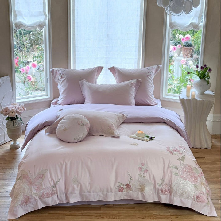 Embroidered Floral Cotton Sateen Duvet Cover Bedding Set with Decorative Shams & Round Throw Pillow