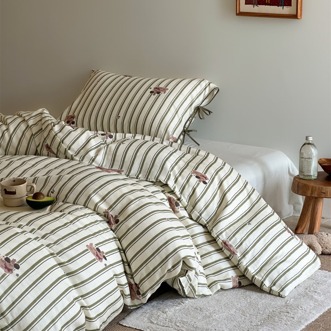 Illustrated Cotton-Sateen Duvet Cover Set with Ribbon-Tie Pillowcase