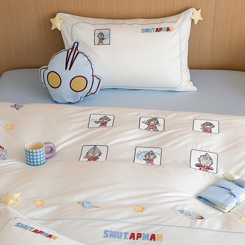 Children's Space-Theme Cotton Sateen Duvet Cover Bedding Set with Rocket & Character Pillow