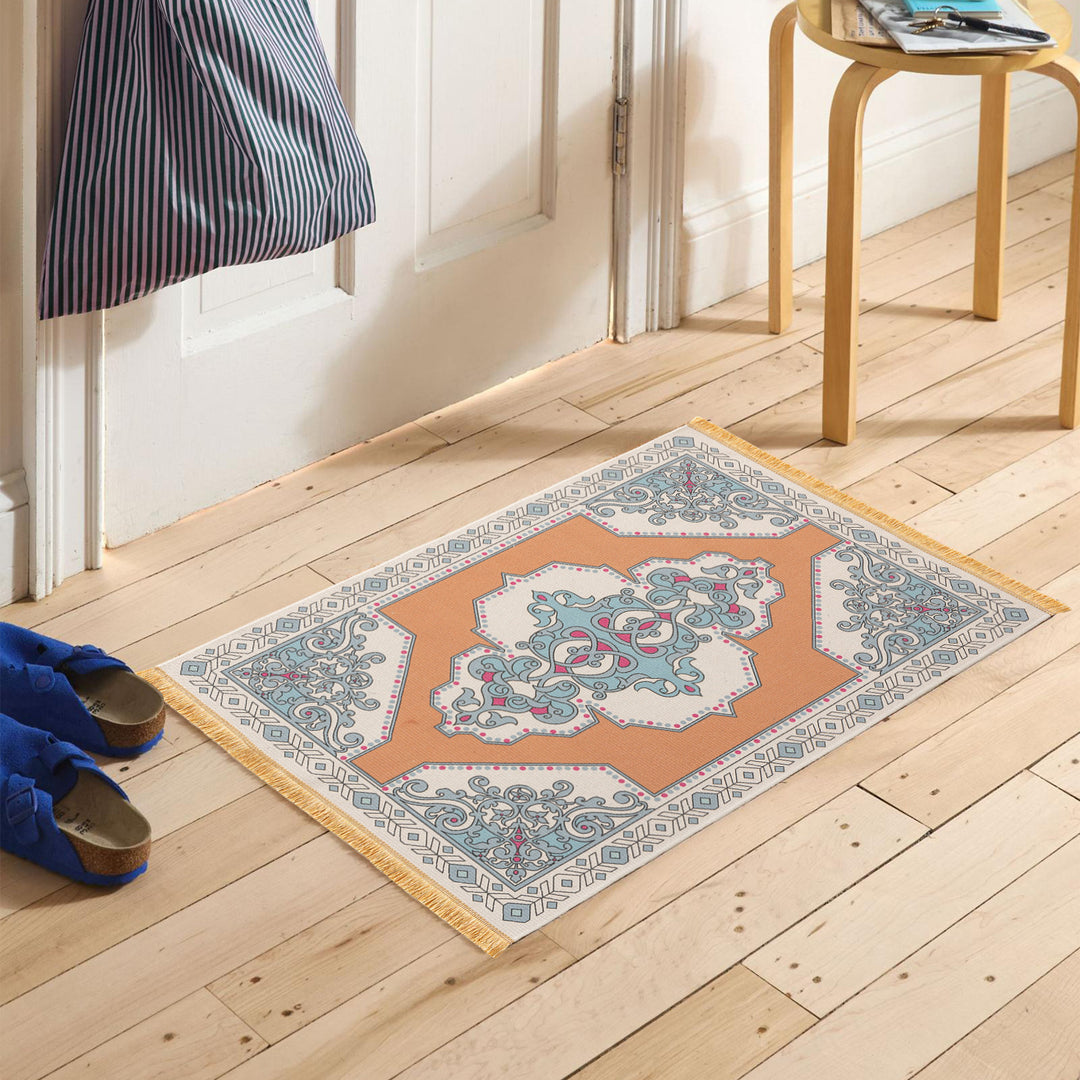 Woven oriental carpet runner with fringes and intricate medallion pattern Stornfield