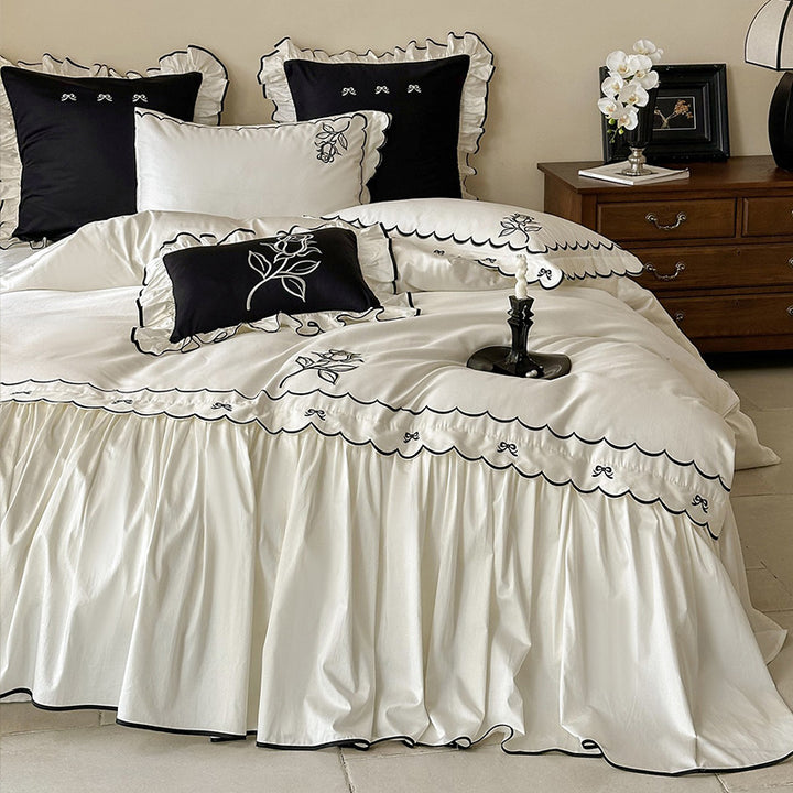 Ruffled Gathered Duvet Cover Set with Contrast Piped Edge & Decorative Embroidered Shams