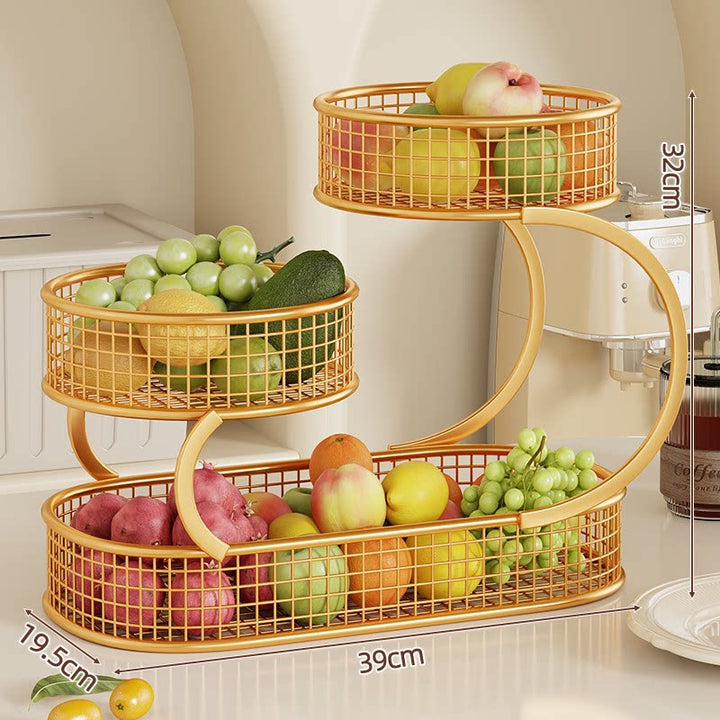Three-Tier S-Shaped Metal Mesh Fruit and Kitchen Counter Organizer with Built-In Napkin Holder