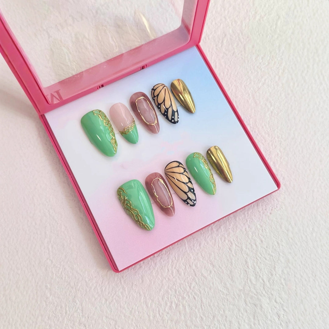 Artistic Press-On Nail Set with Elegant Butterfly and Floral Accents