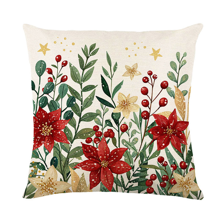 Holiday Cotton-Linen Square Throw Pillow Cover with 'Merry Christmas Y'all' Script and Gold Poinsettia Accents