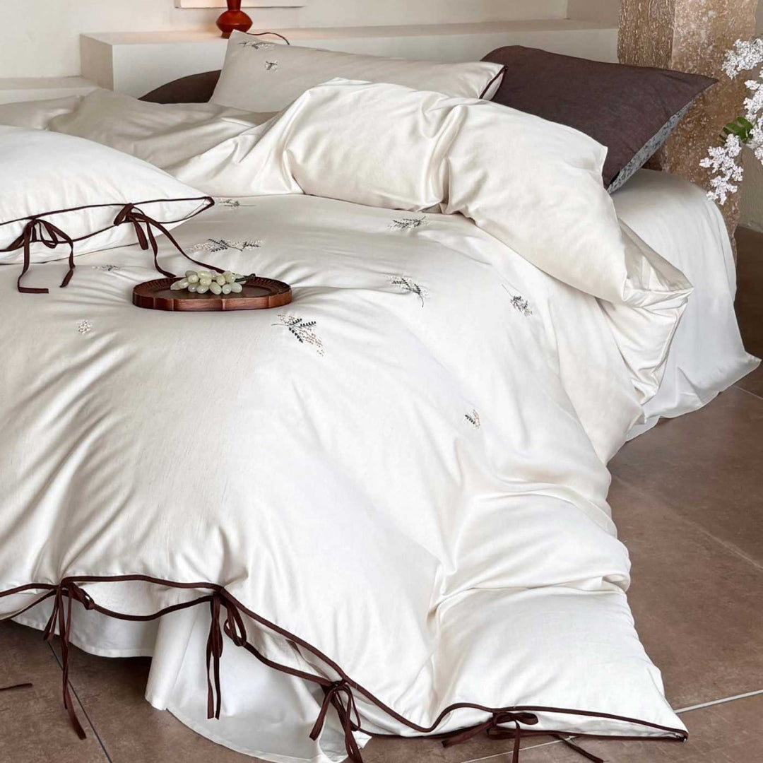 Washed Cotton Embroidered Duvet Cover Set with Tie-Closure Pillow Shams and Contrast Piped Edge