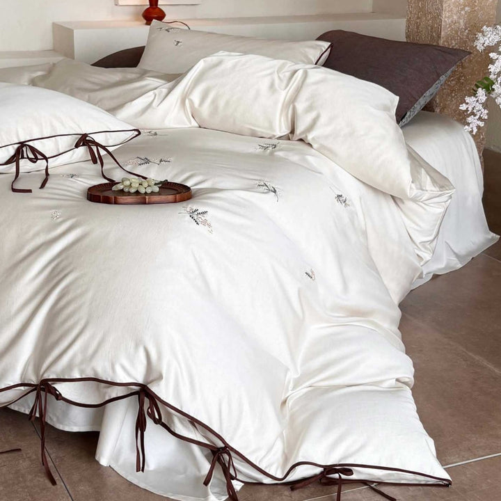 Washed Cotton Embroidered Duvet Cover Set with Tie-Closure Pillow Shams and Contrast Piped Edge