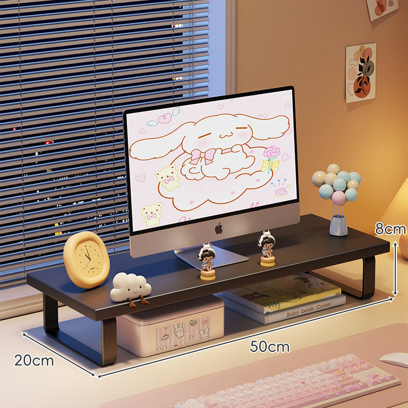 Low-Profile Wooden Monitor Riser with Metal Legs and Under-Shelf Storage