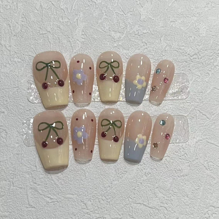 Charming Decorative Press-On Nail Set with Cherry and Floral Designs Stornfield