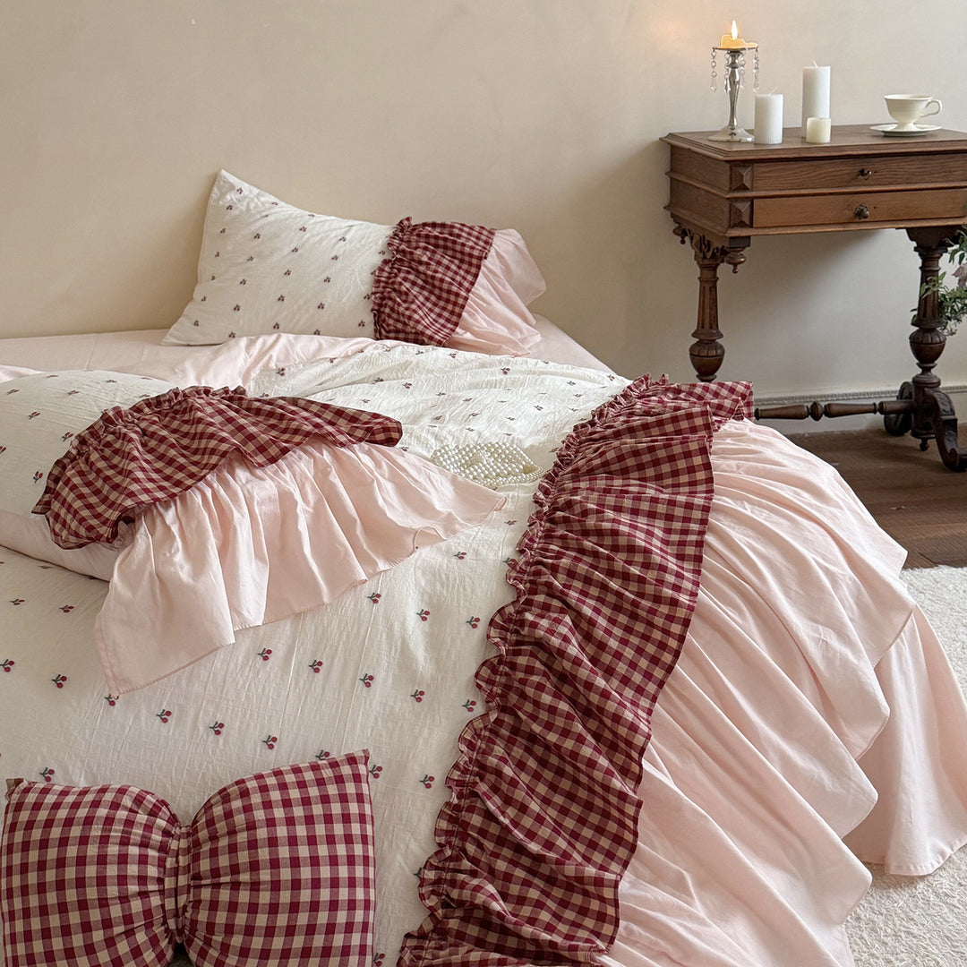 Ruffled Gingham-Trim Cotton Duvet Cover Set with Bed Skirt and Decorative Pillow Shams