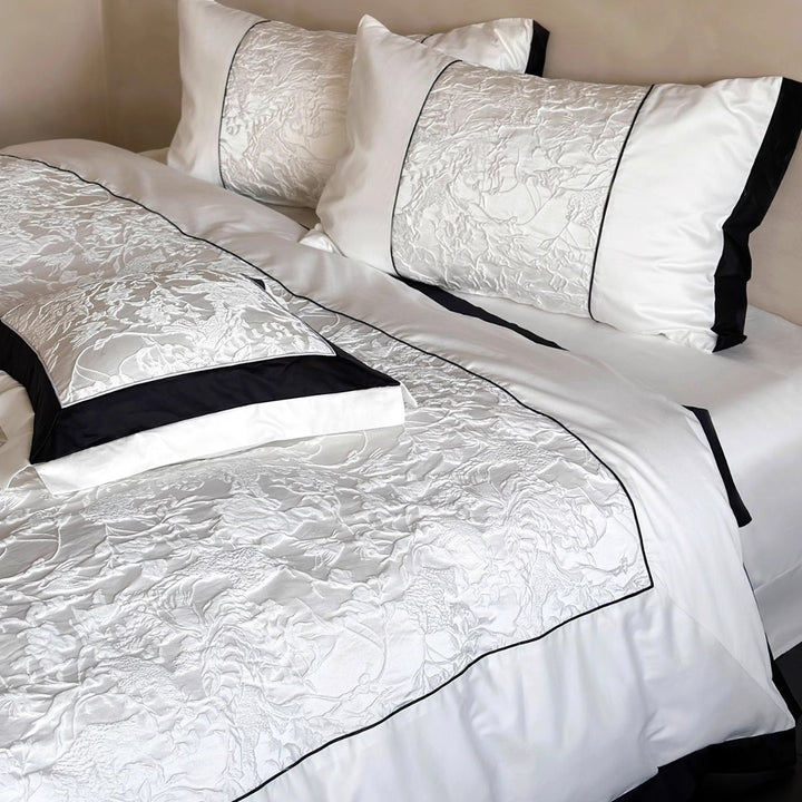 Textured Floral Matelassé Duvet Cover Set with Contrast Piped Border and Euro Shams