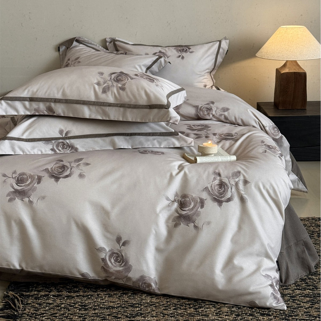 Cotton Sateen Watercolor Floral Duvet Cover Set with Piped Pillow Shams