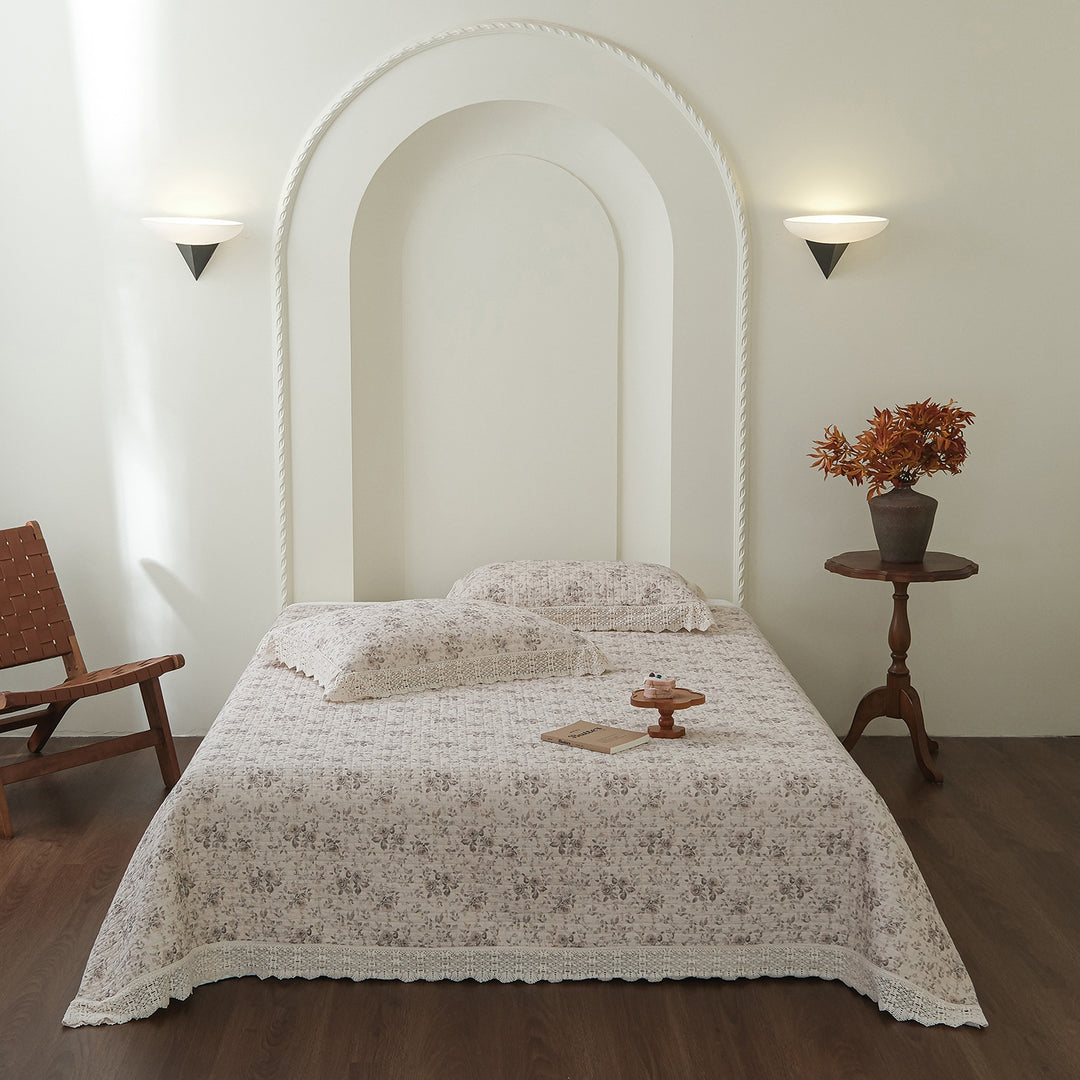 Hand-Quilted Vintage Floral Cotton Bedspread & Crochet-Edged Pillow Sham Set