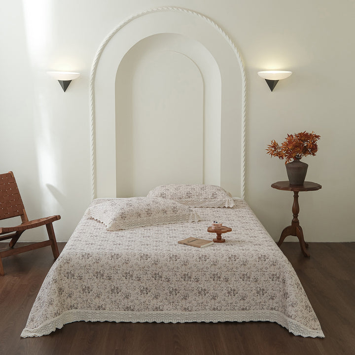 Hand-Quilted Vintage Floral Cotton Bedspread & Crochet-Edged Pillow Sham Set