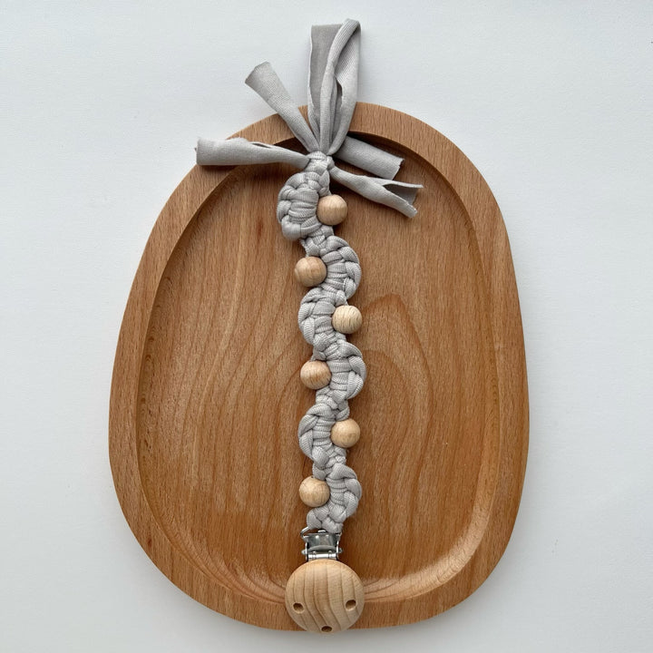 Macrame Boho Wooden-Bead Pacifier Holder Clip with Metal Safety Clamp