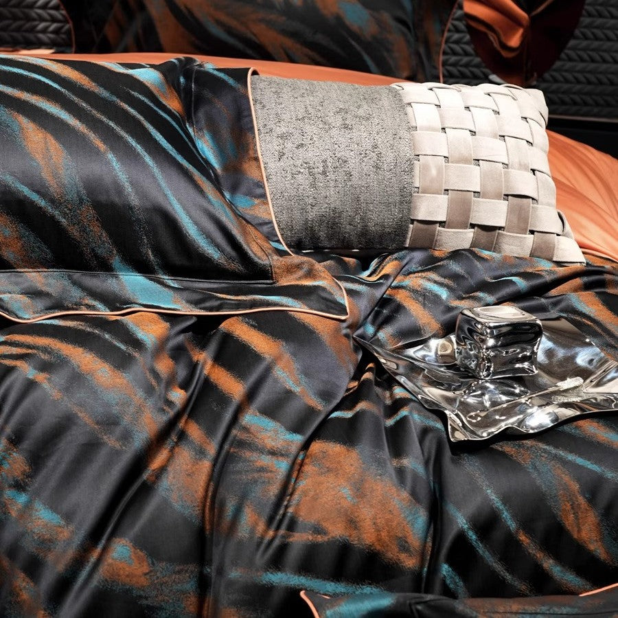 Silk-Feel Reversible Duvet Cover Set with Abstract Brushstroke Print