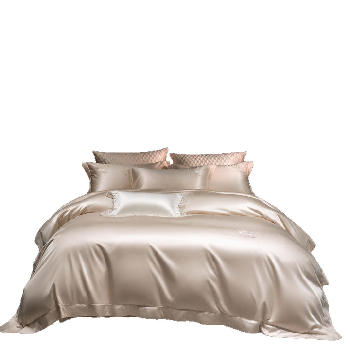 Luxurious satin bedding set with embroidered swan motif and lace pillow