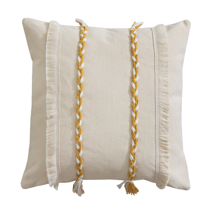 Decorative rectangular cotton cushion cover with woven trims and fringes Stornfield