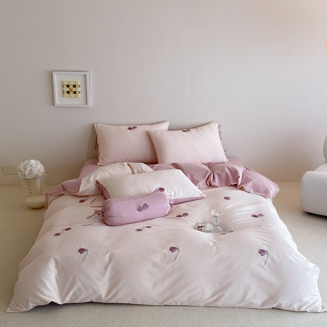 Embroidered Floral Cotton Duvet Cover Set with Decorative Bolster & Reversible Sateen Lining