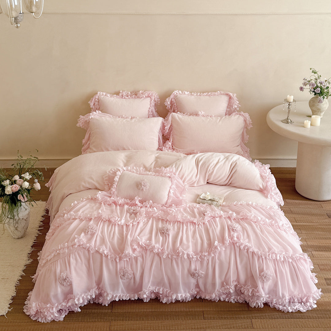 Ruffled Romantic Floral Duvet Cover Bedding Set