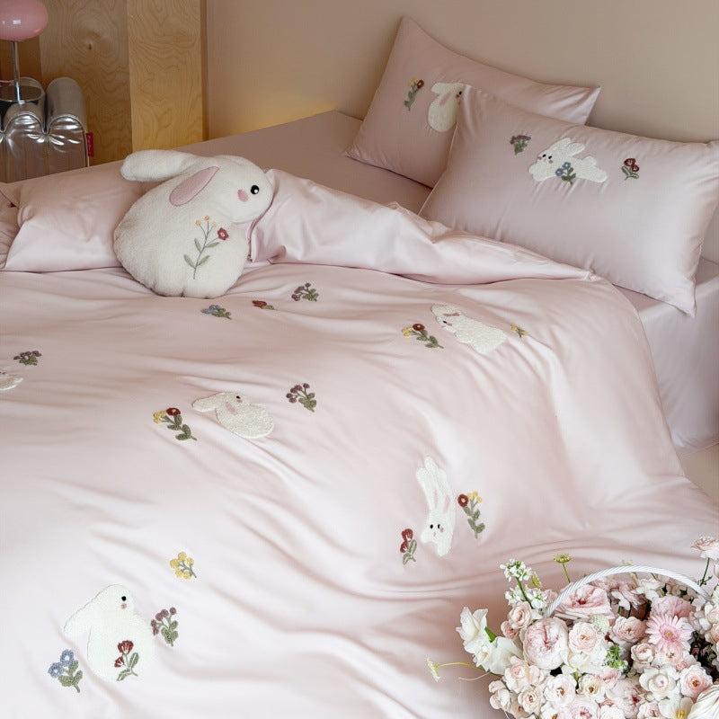 Embroidered Bunny Appliqué Satin-Feel Cotton Duvet Cover Set with Tufted Floral Accents