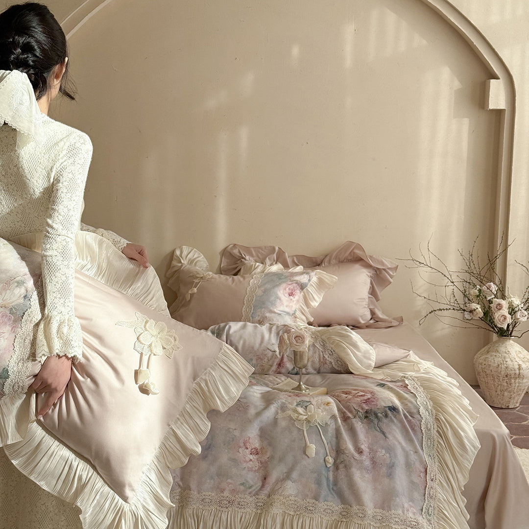 Romantic Vintage-Style Silk-Feel Floral Duvet Cover Set with Pleated Bedskirt & Lace Appliqué