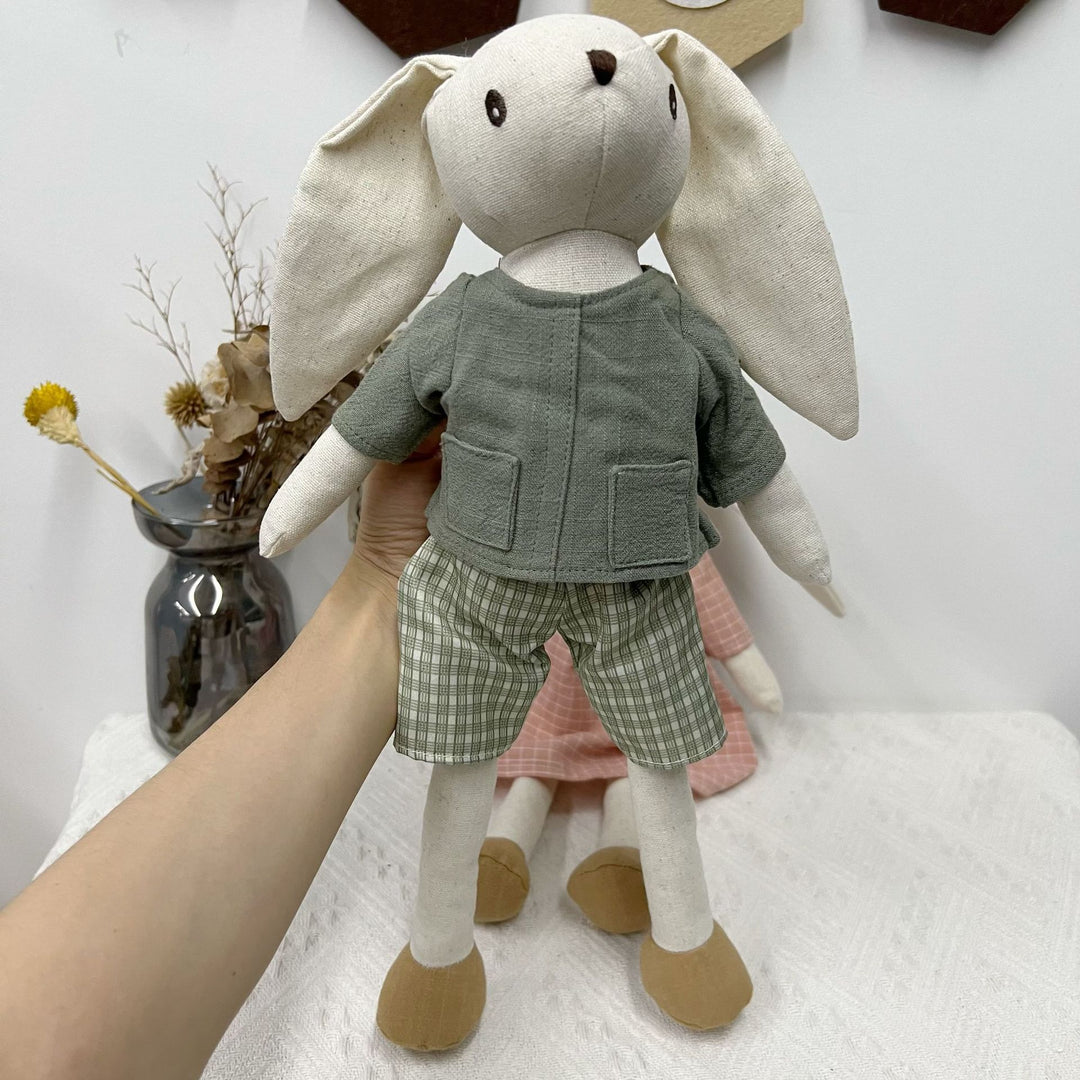 Handcrafted Floppy-Eared Linen Bunny Doll with Embroidered Face and Check Overalls