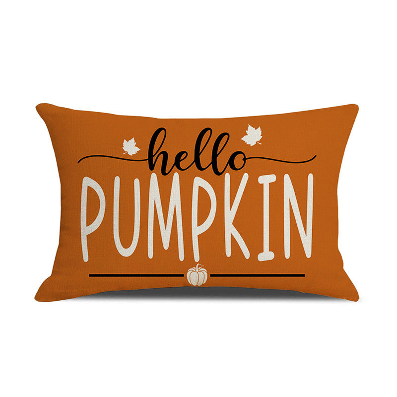 Rectangular Linen-Cotton Decorative Pillow Cover with Polka Dot Background and Autumn Pumpkin Floral Print